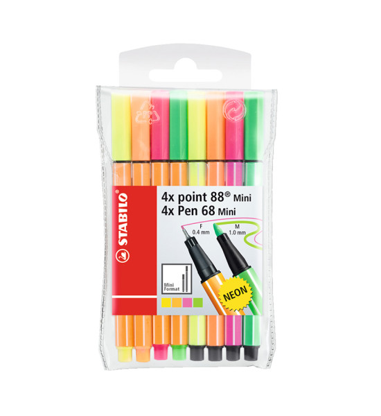 Micropunta/Felpa, Point 88 Mini + Pen 68 Mini, Estuche x 8. Colores Neon